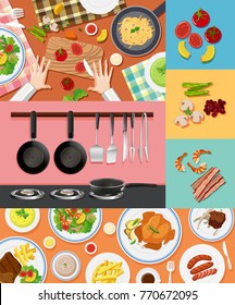 Different ingredients and food on different backgrounds illustration