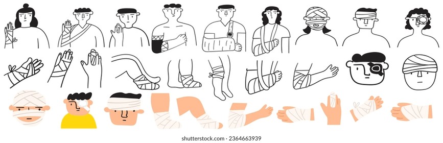 Different injuries. Set of flat and outline icons. Hand drawn vector illustrations on white background. 