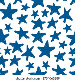 Different ink blue stars isolated on white background. Cute seamless pattern. Hand drawn vector flat graphic illustration. Texture.