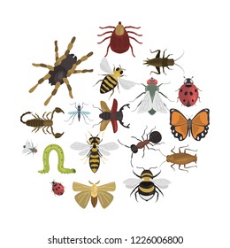 Different insects color vector icons set. Flat design