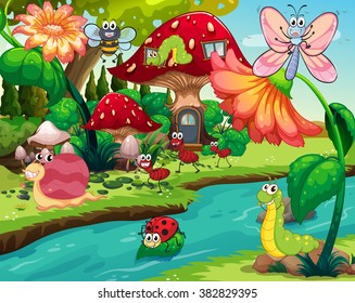 Different insects flying near the river illustration