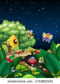 Different insects living in the garden scene at night illustration