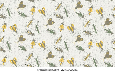 Diferentes insectos en un fondo de textura clara. Patrón sin foco con polillas, bichos y mariposas