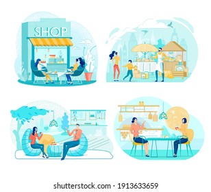 Different Institutions Restaurant Business, Flat. Successful Street Coffee Shop. Selling Vegetables and Pastries in Market. Couple Sitting on Terrace Modern Cafe. Cozy Restaurant in Rustic Style.