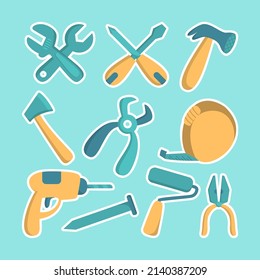 Verschiedene Instrumente. Bau-, Bau- und Reparaturkonzept. Schraubenzieher, Säge, Bürste, Hammer, Messer, Schere, Schlüssel. Vektorgrafik.