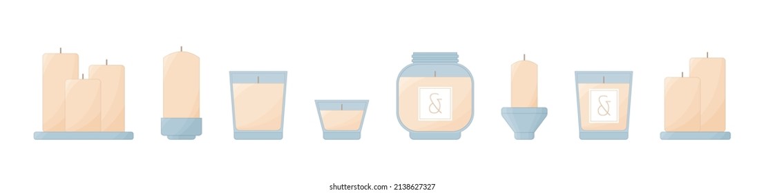 Verschiedene Innenkerzen einzeln auf Weiß. Beige Wachskerzen auf Glasbodenhalter, Glaskerzen, Duftkerzen für Aromatherapie und Spa. Modernes Dekor mit Vektorsymbol.