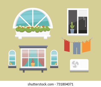 different interior windows of various forms vector illustration. Architecture design outdoor or exterior view, building and home theme