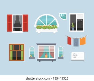 different interior windows of various forms vector illustration. Architecture design outdoor or exterior view, building and home theme.