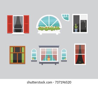 different interior windows of various forms vector illustration. Architecture design outdoor or exterior view, building and home theme