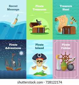 Different invitation cards of pirate theme. Vector illustrations with place for your text. Pirate card hunt treasure and adventure