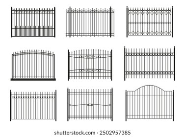 Different iron fences isolated on white background. Iron fences collection.Set of iron fences