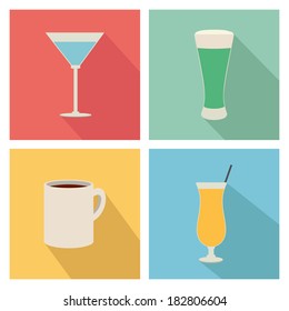 different isolated beverage on squares with different color
