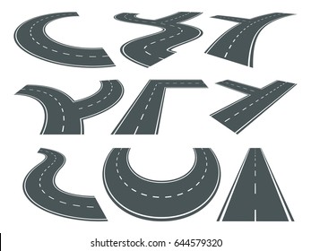 Different isolated curved asphalt roads. Street in perspective. Vector set