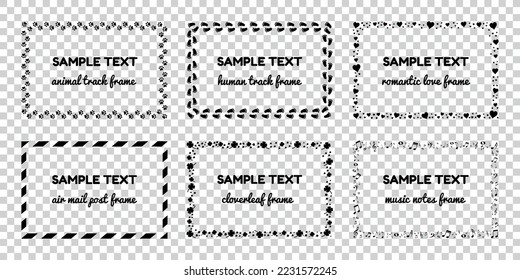 Different Isolated Frames Set - Animal Track, Human Track, Romantic, Air Mail, Shamrock And Music Notes Vector Illustrations On Transparent Background