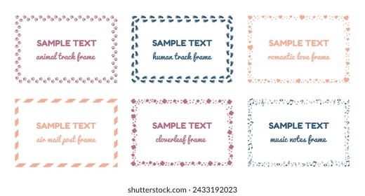 Different Isolated Frames Set - Animal Track, Human Track, Romantic, Air Mail, Shamrock And Music Notes Vector Illustrations On White Background