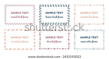 Different Isolated Frames Set - Animal Track, Human Track, Romantic, Air Mail, Shamrock And Music Notes Vector Illustrations On White Background