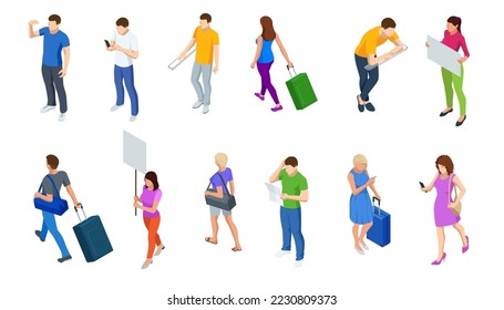 Different isomeric people icons set. Isometric Tourism and Booking App.