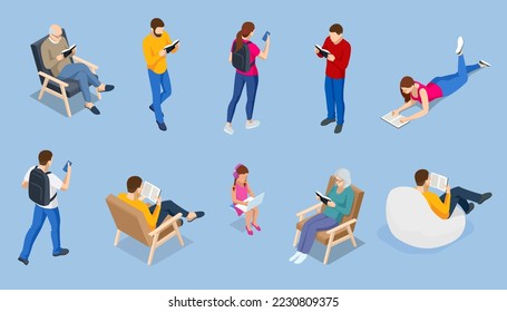 Different isomeric people icons set. Isometric concept of people reading.
