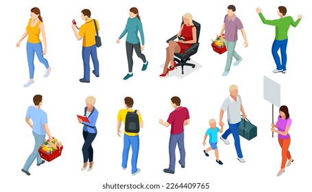 Different isomeric people icons set. People meeting, discussing, grocery shopping, travel, business and psychology