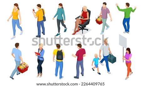 Different isomeric people icons set. People meeting, discussing, grocery shopping, travel, business and psychology