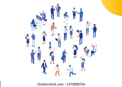 Different isomeric people vector set isolated on white. Male and female characters in office. Flat isometric vector.