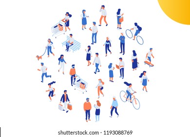 Different isomeric people vector set isolated on white. Male and female characters. Flat isometric vector.