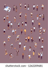 	
Different isomeric people vector set isolated on dark background. Male and female characters. Flat isometric vector.
