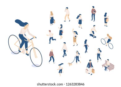 Different isomeric people vector set isolated on white. Male and female characters. Flat isometric vector.
