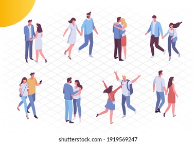 Different isomeric people vector set. Man and woman. Love. Couples spending time together. Flat characters isolated on white background. 