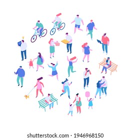 Different isomeric people vector set isolated on white. Male and female characters. People outdoor activities isometric vector set