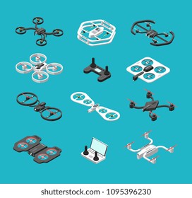 Different isometric 3d drones. Aerial delivery and photo robots vector set. Aircraft robot, control propeller wireless illustration