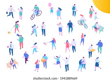 Different Isometric cartoon background people vector set. Outdoor activities. People walking street. Crowd of people