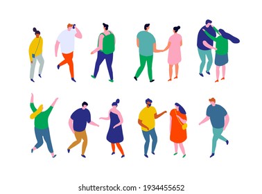 Different isometric cartoon people isolated on white. Men and women vector set. No face simple design  