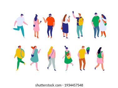 Different isometric cartoon people isolated on white. Men and women walking vector set. No face simple design  