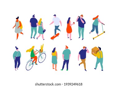 Different Isometric Cartoon People Isolated On White. Men And Women Outdoor Activity Vector Set. No Face Simple Design  