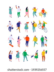 Different isometric cartoon people isolated on white. Men and women outdoor activity vector set. No face simple design  