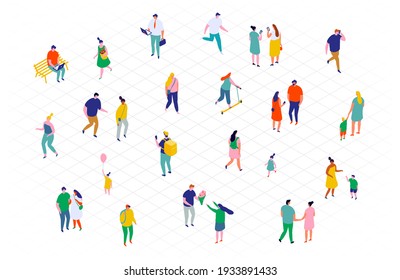 Different isometric cartoon people vector set isolated on white. Male and female have outdoor activity.  