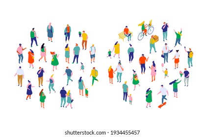 Different isometric cartoon people vector set isolated on white. Male and female have outdoor activity. Trendy colors. No face simple design 