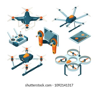 Different isometric illustrations of drones and quadcopters