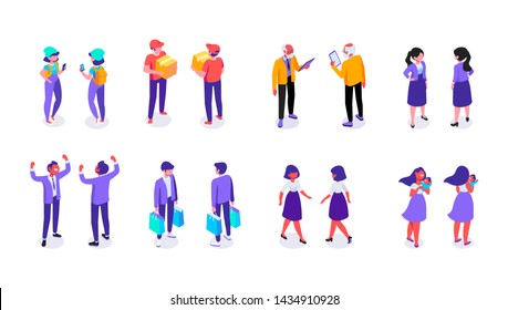 Different isometric people, men and women 3D - front and back view. Vector flat illustration isolated on white background. - Shutterstock ID 1434910928