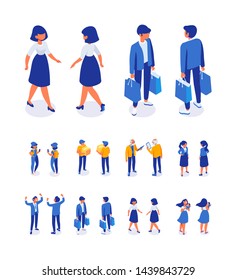 Different isometric people, men and women 3D - front and back view. Vector flat illustration isolated on white background.