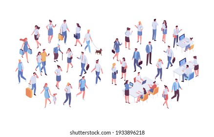 Different isometric people vector set isolated on white. Male and female characters. Flat isometric vector.	
