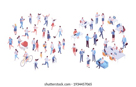 Different isometric people vector set isolated on white. Male and female characters. Flat isometric vector.	
