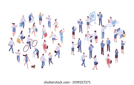 Different isometric people vector set isolated on white. Male and female characters. Flat isometric vector.	
