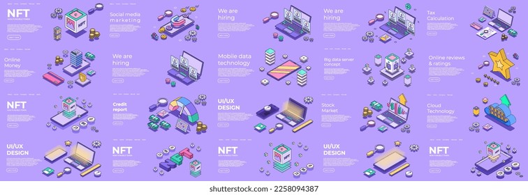 Different isometric scene. Digital 3d device. Nft, credit report, cloud technology, online banking, mobile data, online review, ui ux dedign, we are hiring. Vector illustration concept