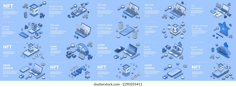 Different isometric scene. Digital 3d device. Nft, credit report, cloud technology, online banking, mobile data, online review, ui ux dedign, we are hiring. Vector illustration concept