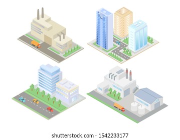 Different isometric urban and industrial buildings set 3d vector illustration