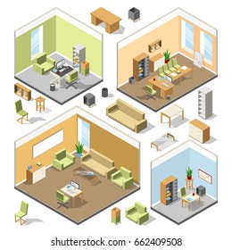 Different isometric workspaces with sectional furniture. Vector 3d architectural plan