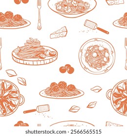 Different Italian pasta seamless pattern. Hand drawn food sketch style design for textile, menu, wrapping paper