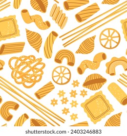 Different italian pasta types. Repeated food elements backdrop, dry spaghetti, penne, ravioli, cooking ingredients, vector seamless pattern.eps

